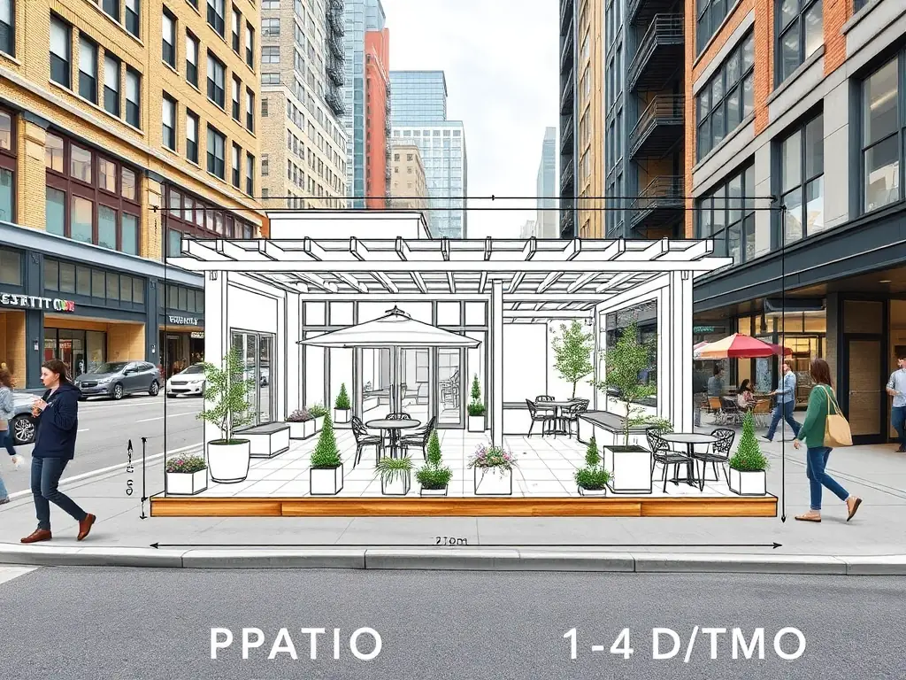 A detailed architectural drawing of a commercial patio design, showcasing the layout, materials, and dimensions, set against a backdrop of a bustling Toronto street.