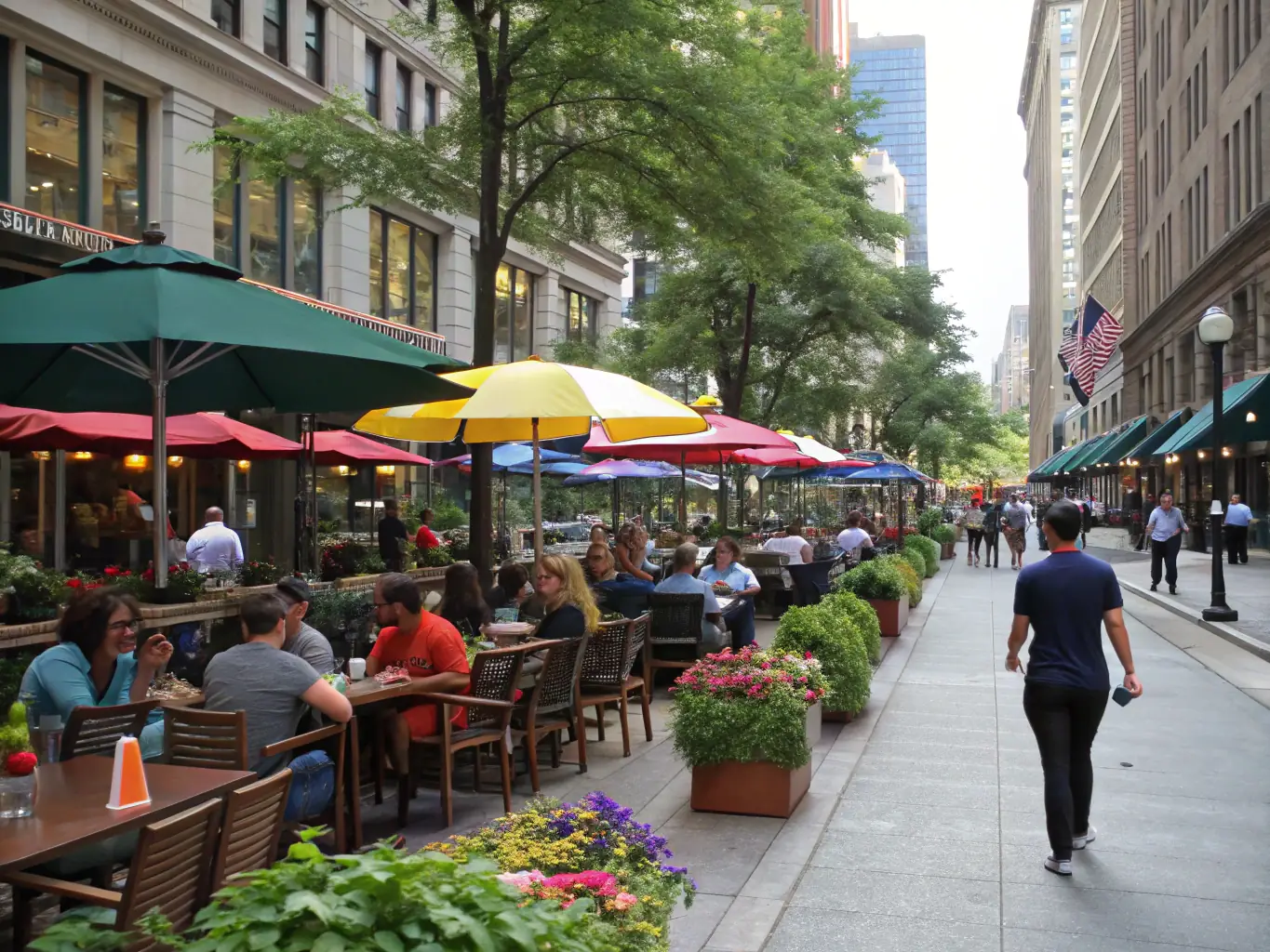 A bustling sidewalk cafe in the heart of the city, with elegant patio furniture, umbrellas providing shade, and passersby drawn in by the lively atmosphere, highlighting Anex Patios' ability to enhance street appeal.