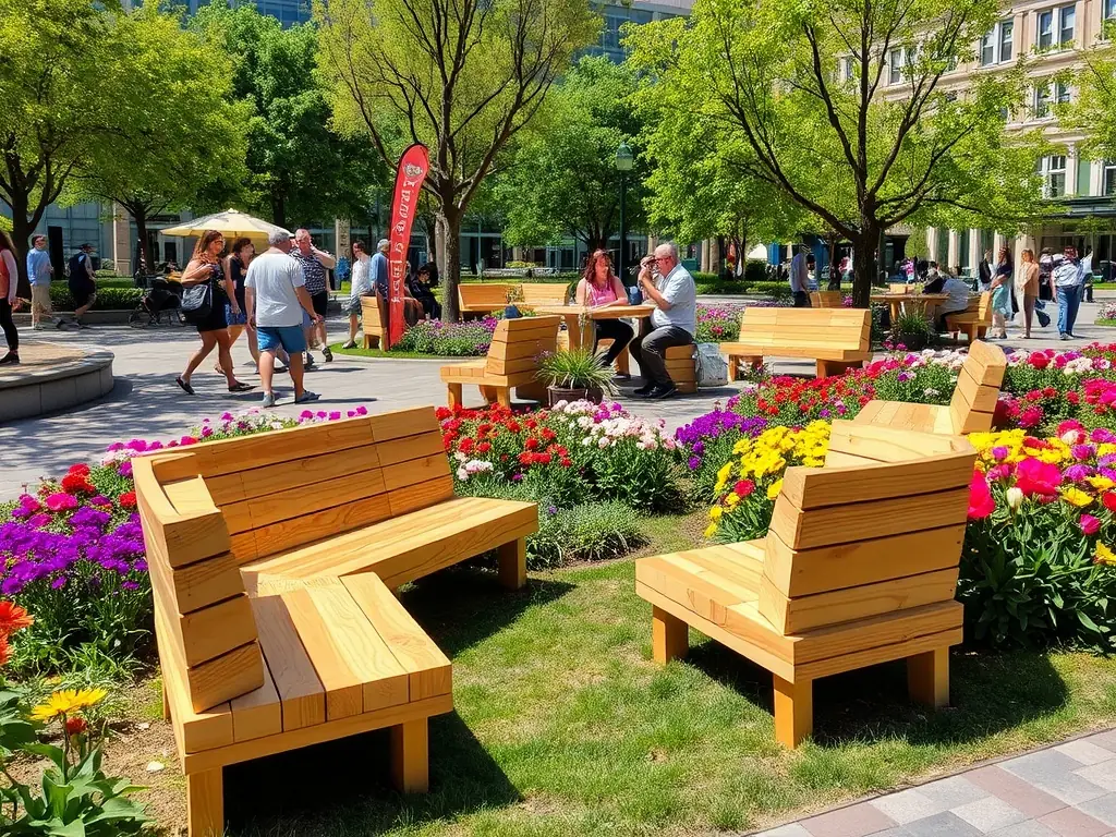 A brightly colored modular parklet featuring movable seating and planters, set up outside a cafe to create an inviting outdoor dining space. The scene is lively with people enjoying coffee and conversation.